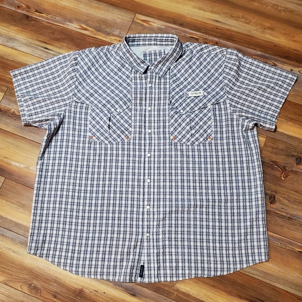 Magellan Outdoors Pecos River Fishing Shirt Mens 3XL Plaid Pearl Snap Blue White